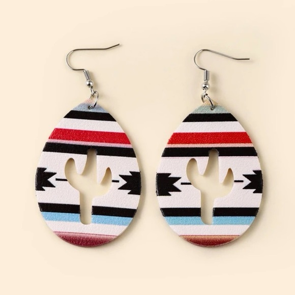 🌵 Awesome Water Drop Colorful Striped Western Boho Cactus Drop Earrings 🌵 - Picture 4 of 4